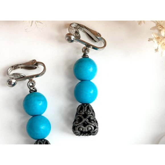 Southwest Style Faux Turquoise Silver Toned Vintage Dangle Clip On Earrings - Picture 7 of 7